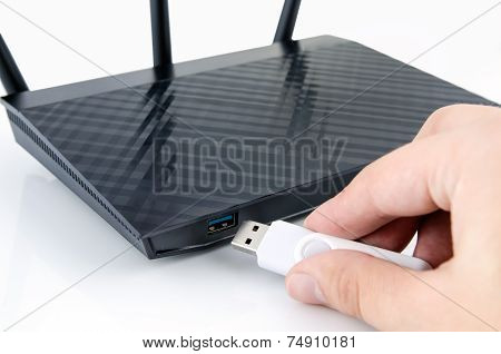 Modern Wireless Wi-fi Router With Dlna Server. Media Player From Usb Flash Disk