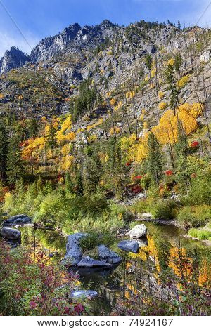 Fall Yellow Red Green Colors Reflection Wenatchee River Valley Near Stevens Pass Leavenworth Washing