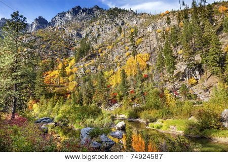 Fall Yellow Red Green Colors Reflection Wenatchee River Valley Near Stevens Pass Leavenworth Washing
