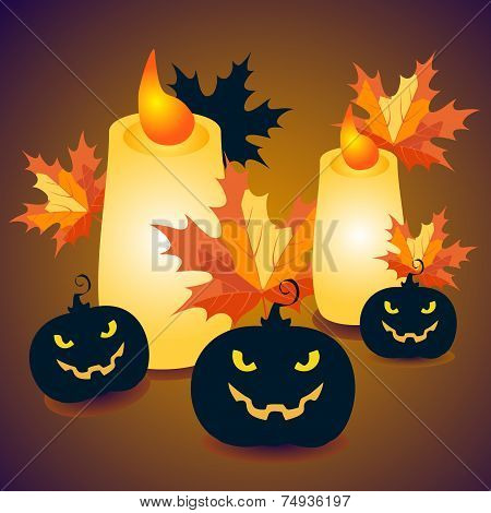 Halloween pumpkins and candles with maple leaves - vector Illustration