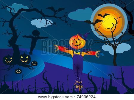 Scarecrow and pumpkins in scary Halloween night - vector illustration