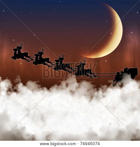 Santa Claus is flying on a background of the moon at night Christmas reindeer, delivering gifts.
