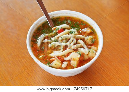 Laghman Soup In White Bowl