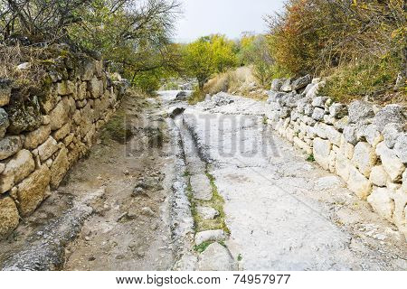 Stone Road In Medieval Town Chufut-kale In Crimea