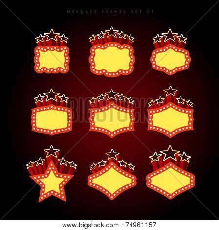 Retro illuminated movie marquee vector set