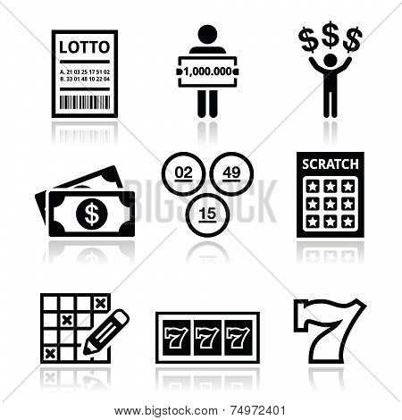 Winning money on lottery, slot machine icons set