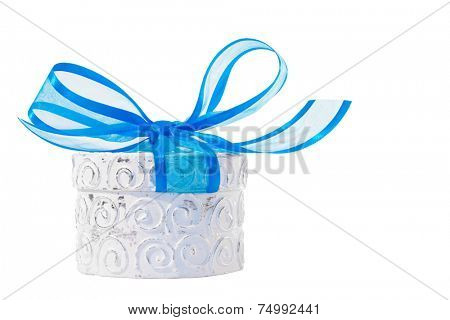 White giftbox with blue ribbon