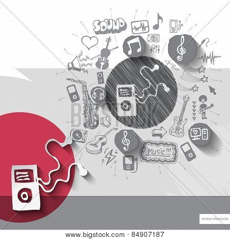 Hand drawn walkman icons with icons background