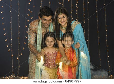 Family celebrating Diwali festival