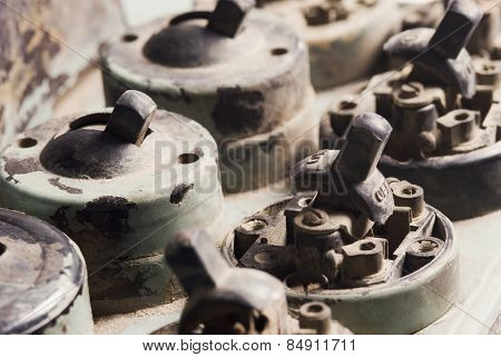 Close-up of damaged lightswitches and sockets