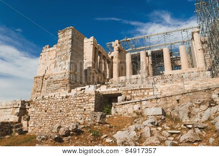 Ruins of an ancient gateway under renovation, Propylaea, Acropolis, Athens, Greece