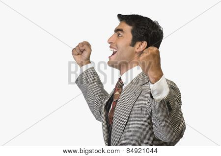 Businessman cheering and clenching fist