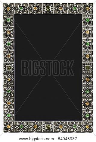 Metal frame with floral ornament and gems. Place for photo
