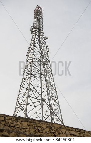 Low angle view of a communications tower