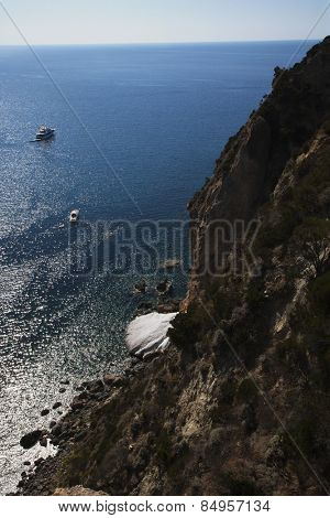 Rock formations in sea, Ponza, Tyrrhenian Sea, Province Of Latina, Lazio, Italy