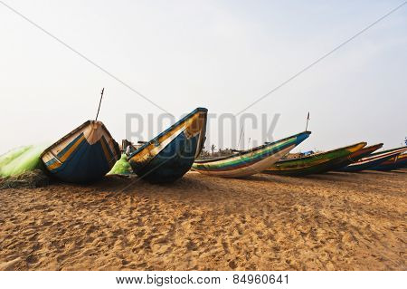Traditional fishing boats on the beach, Puri, Orissa, India