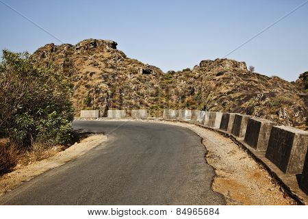 Road passing through a mountain range, Guru Shikhar, Arbuda Mountains, Mount Abu, Sirohi District, Rajasthan, India