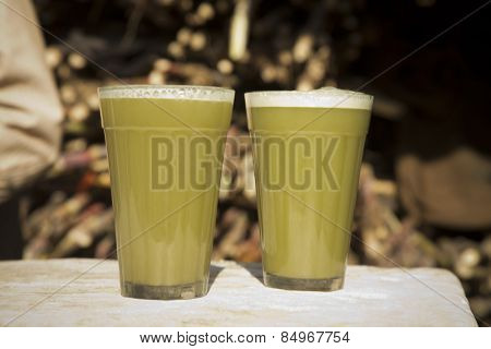Close-up of two glasses of sugar cane juice, Pushkar, Ajmer, Rajasthan, India