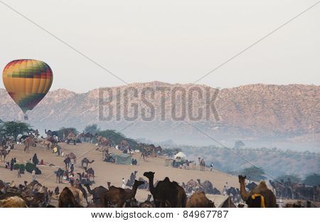 Hot air balloon over Pushkar Camel Fair ground, Pushkar, Ajmer, Rajasthan, India