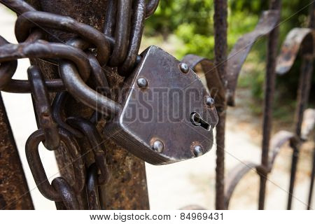 Close-up of a lock on a gate, Shravasti, Uttar Pradesh, India