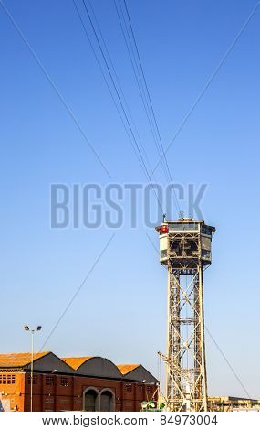 Low angle view of overhead cable car, Barcelona, Catalonia, Spain