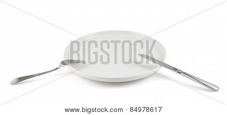 Table knife, fork and ceramic plate isolated