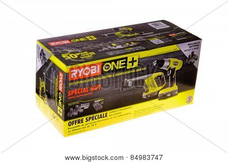 Hayward, CA - February 22, 2015: Ryobi ONE 18 volt tool kit with drill, saw, batteries and charger - Illustrative editorial