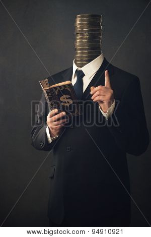 Businessman With Moral Pointing Finger And Handbook For Making Money