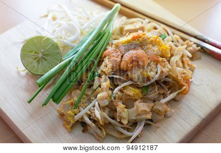 Phad Thai. Fried Noodle With Shrimp Closeup