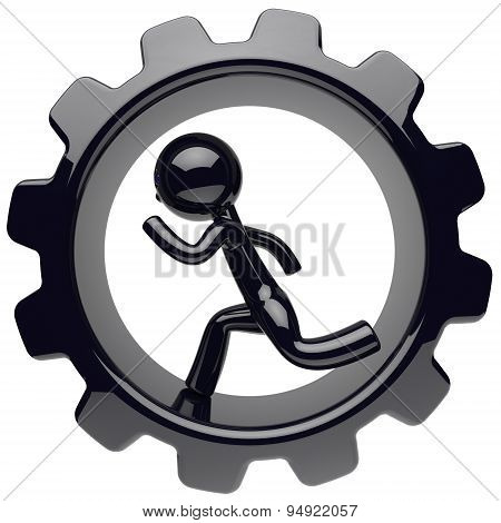 Man Character Running Inside Gearwheel Cogwheel Hard Work
