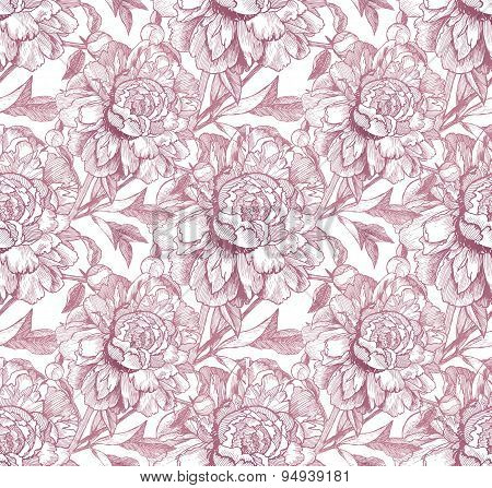 Vintage style vector peony pink seamless pattern