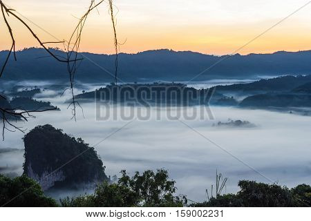 the landscape of misty mountains Phu Langka National Park.