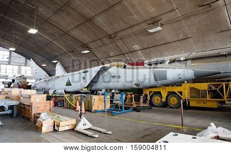 DAYTON, OHIO, USA - NOVEMBER 18, 2016: National Museum USAF is restoring Mikoyan-Gurevich MiG-25 RB found buried in Iraqi sand during Operation Iraqi Freedom. Shown here in restoration area.