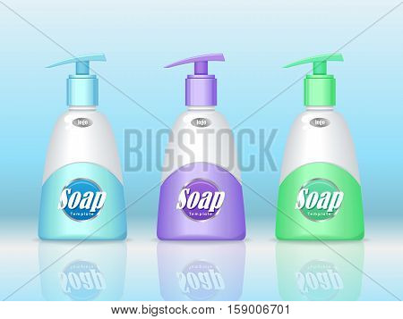 Set of soap bottle with spreader isolated. Cosmetic product flasks with logo or symbol on the nameplate. Reservoir with label. Part of series of decorative cosmetics items. Vector illustration