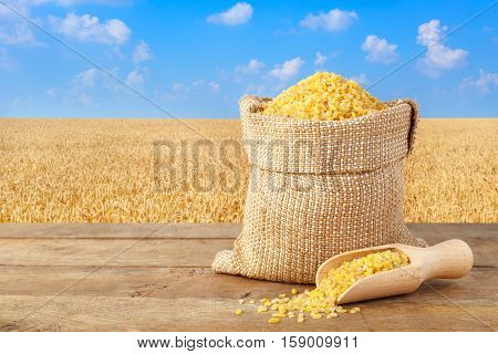 Bulgur or couscous in sack. Bulgur in bag on table with field of wheat on the background. Agriculture and harvest concept. Gold wheat field and blue sky