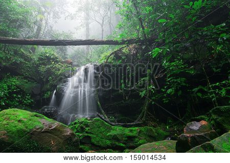 Saithip waterfall in Phu Soi Dao National Park Thailand. A small waterfal with beautiful scenery of lush rocks and forest line