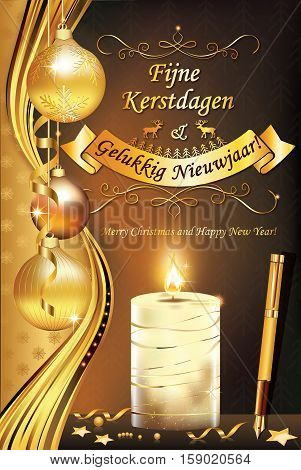 Merry Christmas and Happy New Year (Fijne Kerstdagen en Gelukkig Nieuwjaar!) - dutch elegant greeting card for winter season. Print colors used. Size of a custom printable card