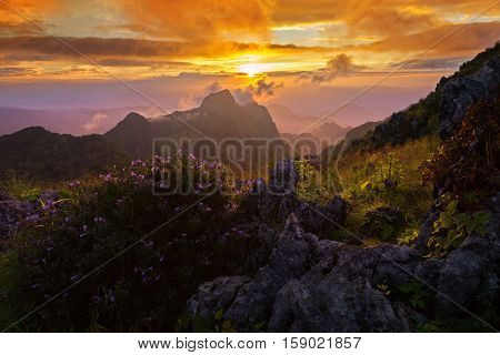 Beautiful sunset in the mountains at Doi Luang Chiang Dao Chiang Mai Thailand