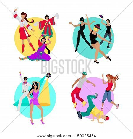 Set folk dance, jazz dance, disco or electric dance, street dance. Dancing music, event party, people boy and girl, art show performance, sound lifestyle, musical nightlife in flat design. Vector