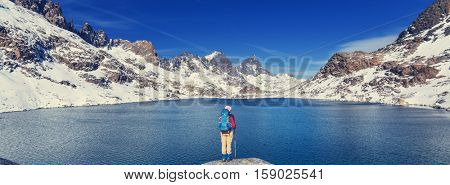 Hike to beautiful  Minaret Lake, Ansel Adams Wilderness, Sierra Nevada, California,USA.Autumn season.