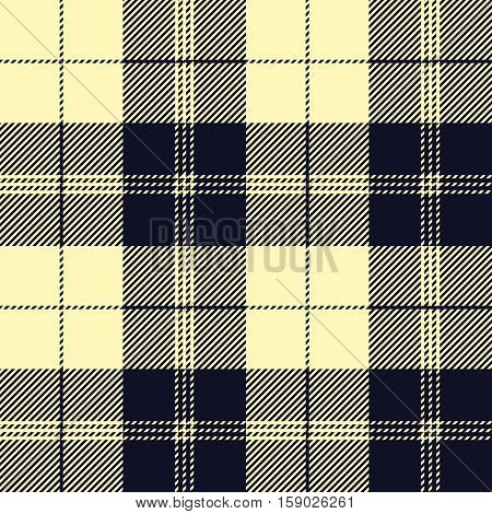 Seamless tartan plaid pattern. Checkered fabric texture background in pale yellow & dark blackish blue.