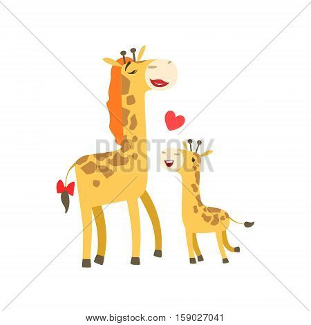 Giraffe Mom With Lipstick Animal Parent And Its Baby Calf Parenthood Themed Colorful Illustration With Cartoon Fauna Characters. Smiling Zoo Wildlife Loving Family Members United With Heart Symbol Vector Drawing