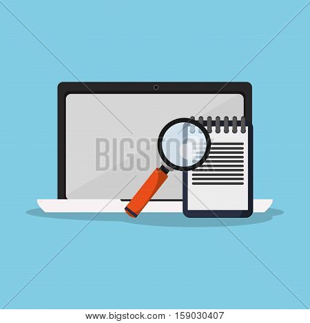 Laptop and lupe icon. Worktime office supplies and workforce theme. Colorful design. Vector illustration