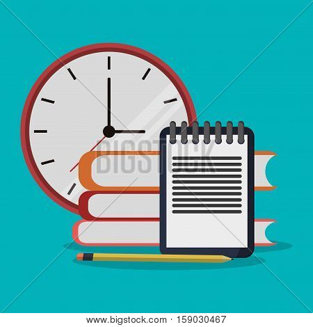 Books notebook and clock icon. Worktime office supplies and workforce theme. Colorful design. Vector illustration