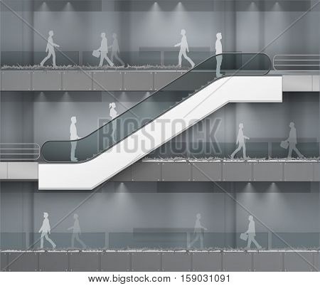Vector Modern Escalator with Place for Advertising Side view Isolated on Office Mall Shopping Center Business Building Interior Background