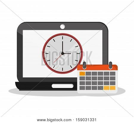 Laptop clock and calendar icon. Worktime office supplies and workforce theme. Colorful design. Vector illustration