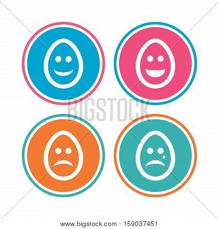 Eggs happy and sad faces icons. Crying smiley with tear symbols. Tradition Easter Pasch signs. Colored circle buttons. Vector