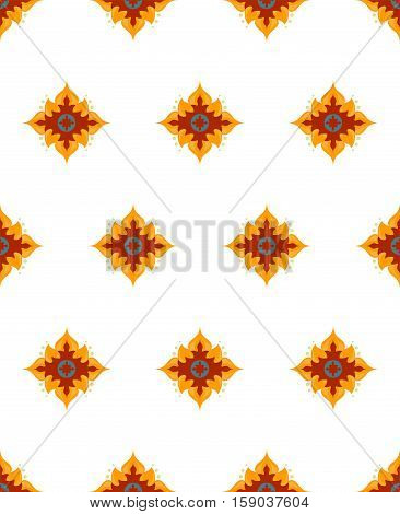 Gorgeous star flower pattern vector image. Red, yellow, sea blue flowers with white background. Good for textile design and home linens. Stylized flowers. Sea blue element.