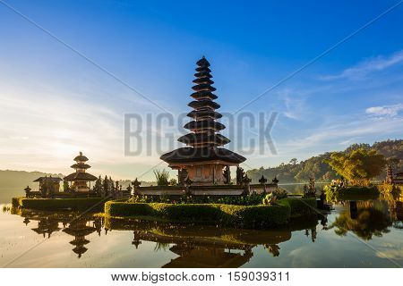 Pura Ulun Danu Bratan at sunrise famous temple on the lake Bedugul Bali Indonesia.