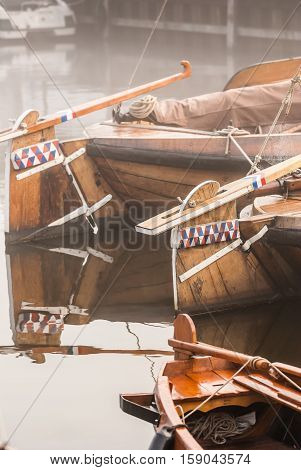 Details of Historic fishing vessels in the ancient port city Elbrug Gelderland Netherlands